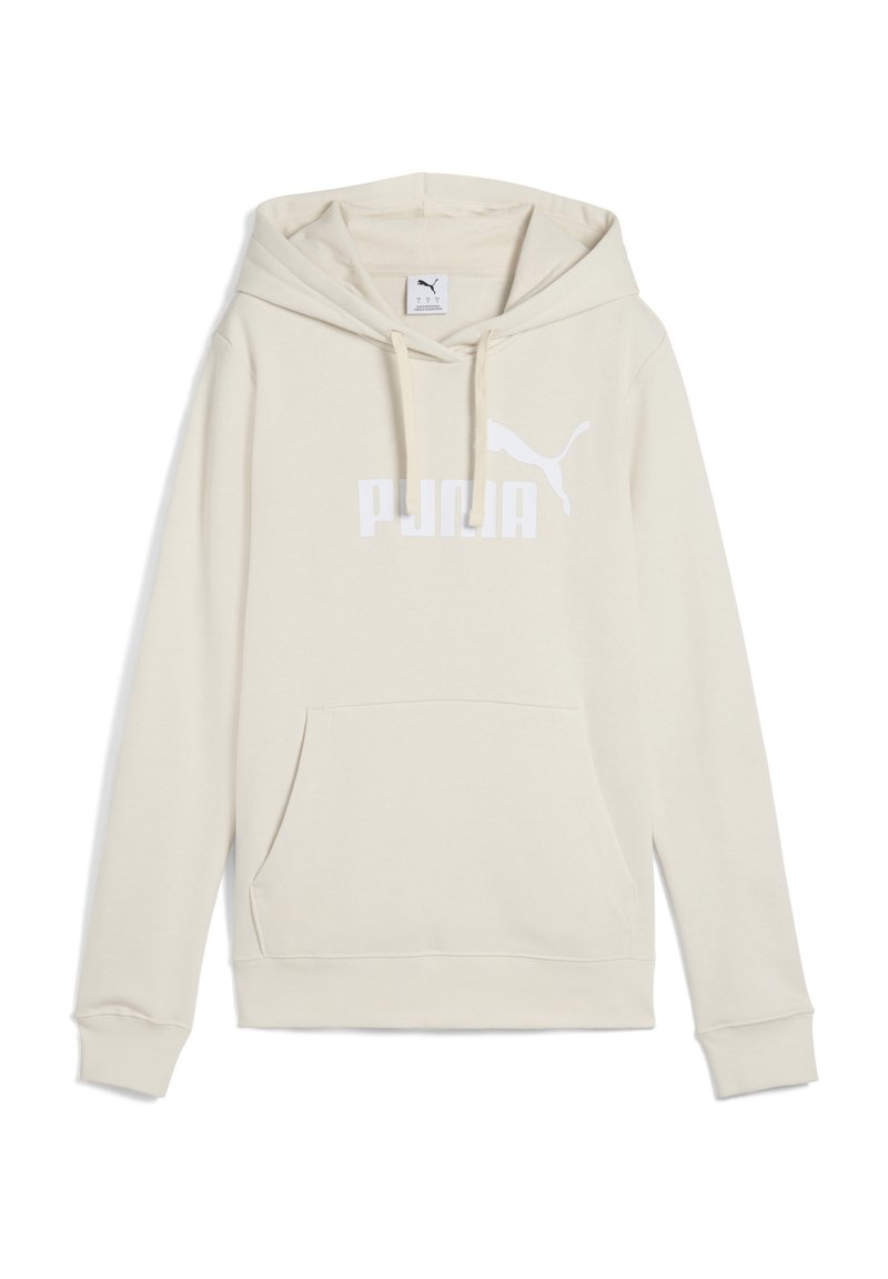 Sudadera con capucha de color beige confeccionada con tejido suave, adornada con un gran logo blanco de "PUMA" y un bolsillo frontal tipo canguro. Incluye capucha ajustable con cordón.