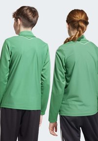 Magliette sportive verdi a maniche lunghe con un motivo testurizzato, caratterizzate da dettagli bianchi sul colletto e sulle spalle, indossate da due persone di spalle.