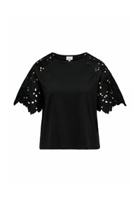 Black t-shirt with short lace sleeves featuring cut-out floral patterns, rounded neckline, and a relaxed fit. Cotton blend material.