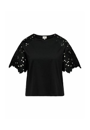 Black t-shirt with short lace sleeves featuring cut-out floral patterns, rounded neckline, and a relaxed fit. Cotton blend material.
