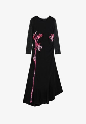 Black dress with three-quarter mesh sleeves, featuring a pink floral design on the side and a flared hem. Smooth texture, knee-length cut.