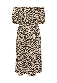 Abito off-the-shoulder in tessuto crema con strisce a zebra nere e marroni, caratterizzato da una vita arricciata e dettagli con bottoni frontali.