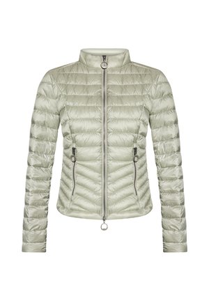 Veste matelassée légère vert clair avec un col montant, deux poches avant zippées et une fermeture éclair frontale avec un anneau pour tirer.