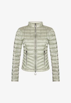 Veste matelassée légère vert clair avec un col montant, deux poches avant zippées et une fermeture éclair frontale avec un anneau pour tirer.