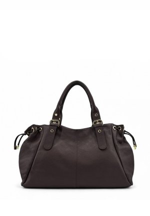 Sac à main en cuir brun foncé avec surface texturée, double anses et ferrures dorées. Présente des accents à cordon sur les côtés.