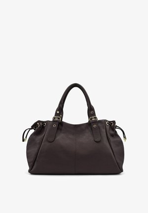 Sac à main en cuir brun foncé avec surface texturée, double anses et ferrures dorées. Présente des accents à cordon sur les côtés.