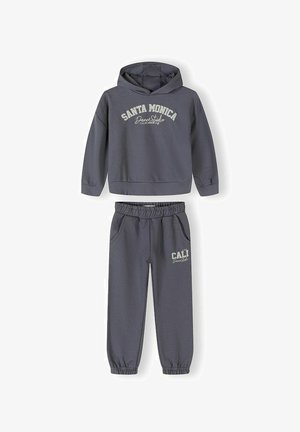 Dark gray hoodie and pants set with "Santa Monica Dance Studio" on chest and "Cali Dance Style" on pant leg, elastic cuffs and waistband.