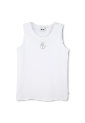Weißes ärmelloses Tanktop aus Baumwollmischung mit rundem Halsausschnitt, versehen mit einem kleinen grauen gestickten "B"-Logo auf der Brust.