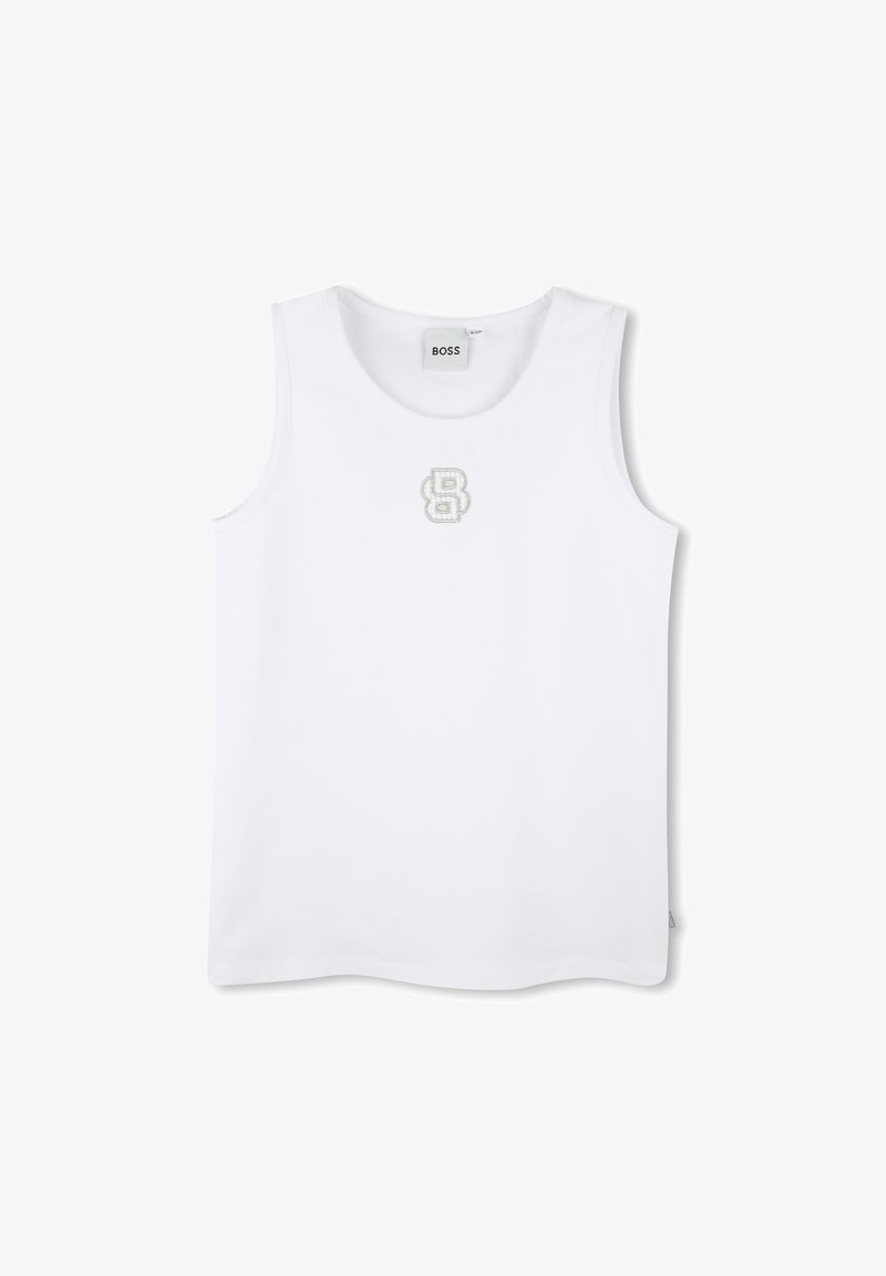 Witte mouwloze tanktop van een katoenmix met een ronde halslijn, voorzien van een klein grijs geborduurd "B" logo op de borst.