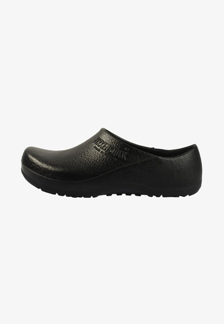 Black clogs featuring a textured surface, rounded toe, slight heel, and a sturdy sole. Brand name embossed on the side.