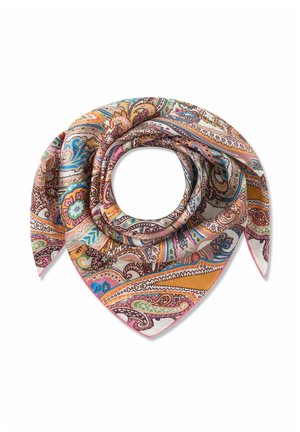 Écharpe en soie avec un motif paisley multicolore, comprenant des nuances de rose, orange, bleu, vert et marron, pliée en forme de boucle.