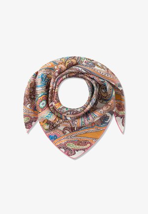 Zijden sjaal met een meerkleurig paisley-patroon, met tinten roze, oranje, blauw, groen en bruin, gevouwen in een lusvorm.
