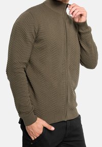 Zippered cardigan in olive green knit, featuring a textured herringbone pattern, high collar, and ribbed cuffs and hem.