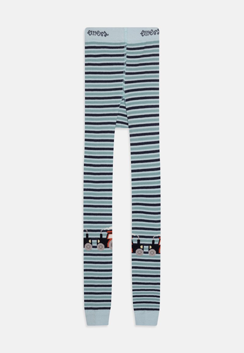 Ριγέ κολάν σε ανοιχτό μπλε και ναυτικό, με γραφικό τρακτέρ στον αστράγαλο, κατασκευασμένα από μαλακό, ελαστικό βαμβακερό μείγμα.