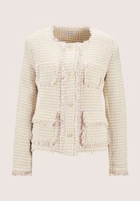 Franjejas in pastelkleurig geweven stof met twee paspelzakken, knoopsluiting en een ronde halslijn. Textuur en lichtgewicht ontwerp.