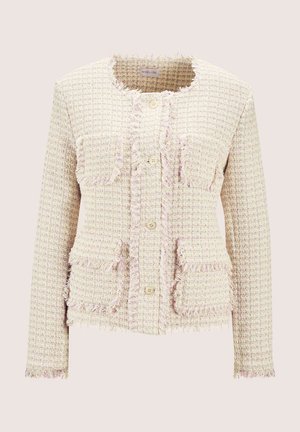 Fringed jacket in pastel woven fabric with two patch pockets, button closure, and a round neckline. Textured and lightweight design.