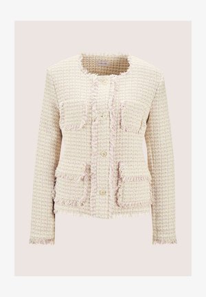 Fransierte Jacke aus pastellfarbener Webware mit zwei aufgesetzten Taschen, Knopfverschluss und rundem Ausschnitt. Strukturierte und leichte Ausführung.