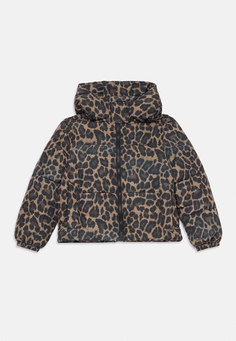 Leopard print puffer jacket with a hood, features a front zipper, elastic cuffs, and two front pockets. Made from a lightweight material.