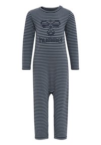 Stripete heldragt i navy og grå. Lange ærmer, rund halsudskæring, med et logo og grafik på fronten. Trykknaplukning i bunden.
