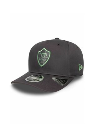Black baseball cap with green Roma 1927 emblem front center and green New Era logo on the side, featuring stretch-snap adjustable fit.