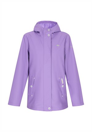 Lilla veekindel jakk, millel on kapuuts, ees nööbid ja kaks küljetaskut nööridega. Sile tekstuur, minimaalne disain.