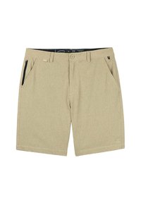 Shorts beiges en tissu texturé, dotés d'une fermeture à bouton, de deux poches avant et d'une poche latérale zippée pour un rangement sécurisé.