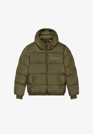 Giacca a vento verde oliva con zip frontale, collo alto, tasche laterali, polsini a coste e "Amour" ricamato sul petto.