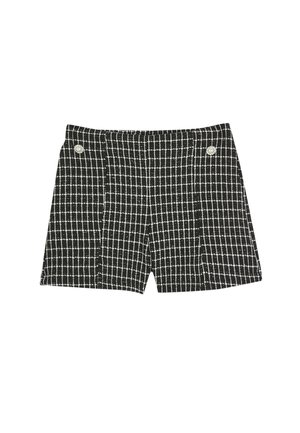 Shorts noirs et blancs à motifs avec un design en grille, présentant un tissu texturé et un détail de bouton argenté sur le devant.