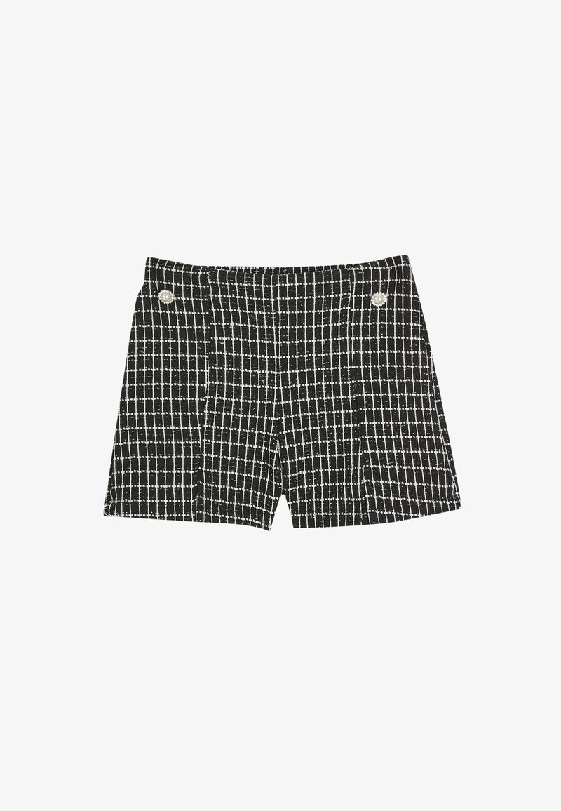 Sorte og hvide mønstrede shorts med et rutenetdesign, udstyret med et struktureret stof og sølvknapdetalje foran.
