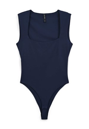 Body blu navy con scollatura quadrata, spalline larghe e gamba alta. Realizzato in tessuto liscio e elastico.