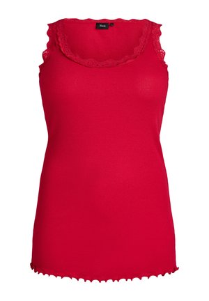 Rotes ärmelloses, geripptes Tanktop mit Spitzenbesatz am Ausschnitt und an den Schultern sowie einem gerafften Saum, mit einem schwarzen Etikett am Ausschnitt gebrandet.