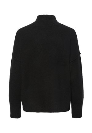 Sweater preto com gola alta, corte solto e mangas largas. Feito de um material suave e texturizado, sem padrões ou embelezamentos visíveis.