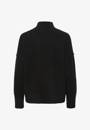 Sweater preto com gola alta, corte solto e mangas largas. Feito de um material suave e texturizado, sem padrões ou embelezamentos visíveis.