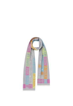 Light gray scarf with colorful blocks of text saying "Wake up with a smile" and smiley face and star icons throughout.