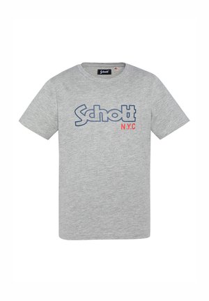 T-shirt en coton gris avec un logo "Schott" bleu et "N.Y.C" en rouge. Design classique à col rond avec des manches courtes et une texture douce.