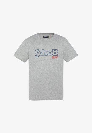 Graues Baumwoll-T-Shirt mit blauem "Schott"-Logo und "N.Y.C" in Rot. Klassisches Crewneck-Design mit kurzen Ärmeln und weicher Textur.