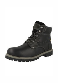 Botín negro de cuero con suela de goma, punta redonda, cierre con cordones, costuras en contraste y un detalle decorativo lateral.