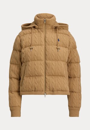 Tan cable-knit puffer jacket with front zipper and hood. Features adjustable drawstrings and ribbed cuffs. Small logo on upper left chest.