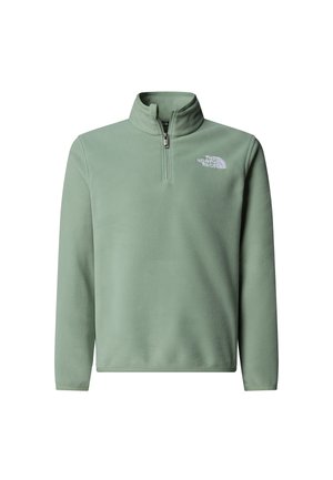 Fleecový pulóver svetlozelenej farby s golierom na zips, dlhými rukávmi a logom na ľavej strane hrudníka. Mäkká textúra a pohodlný strih.