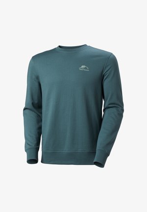 Turkusowy, długi rękaw, sweter wykonany z miękkiego materiału, z okrągłym dekoltem i ściągaczami na rękawach. Małe logo "Helly Hansen" na klatce piersiowej.