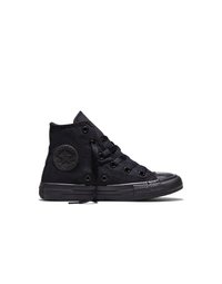 Zwarte hoge Converse All Star sneaker met veters, rubberen zool en kenmerkend sterlogo aan de zijkant, in profiel weergegeven tegen een witte achtergrond.