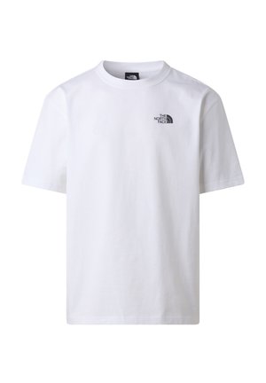 Hvid kortærmet T-shirt med rund hals og lille sort "The North Face" logo på venstre brystområde.