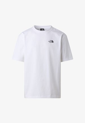 Bílý tričko s krátkým rukávem a kulatým výstřihem s malým černým logem "The North Face" na levé straně hrudi.