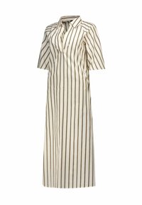 Abito lungo a righe con colletto, bianco con strisce verticali marroni. Maniche corte e scollatura a V, realizzato in tessuto leggero.