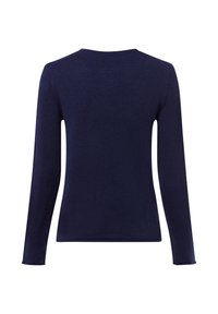 Navyblaues Langarm-Strickpullover mit Rundhalsausschnitt, von hinten auf einem weißen Hintergrund gezeigt.