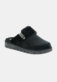 Pantofole nere con un morbido rivestimento in pelliccia testurizzata e foderato in tessuto liscio; presentano una suola in gomma resistente con un leggero tacco.