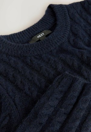 Pull en tricot bleu marine avec motif en torsades et col côtelé. Étiquette de marque "NEXT" visible à l'intérieur.