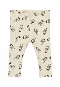 Krämfärgade ribbade leggings med ett upprepat tryck av mjölkflaskor i brunt och svart, med ett elastiskt midjeband för komfort.