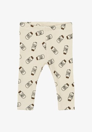 Crème ribgebreide leggings met een herhaald melkflesprint in bruin en zwart, voorzien van een elastische tailleband voor comfort.