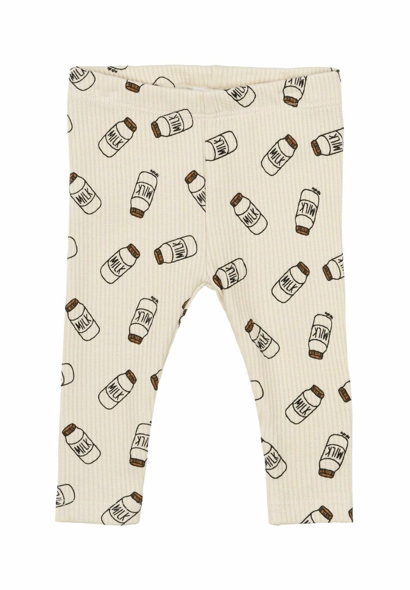 Krämfärgade ribbade leggings med ett upprepat tryck av mjölkflaskor i brunt och svart, med ett elastiskt midjeband för komfort.